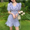 Violet White Ruffle Short Sleeve Mini Dress Casual Drawstring Solid Summer Women Female D1770 210514