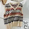 Preppy Style Knit Vest Kvinnor Stickad Argyle Sweater Vest Ärmlös Plaid Waistcoat Höst Korta Outwear Chalecos Para Mujer 210817