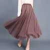 Style Autumn Solid Tulle Skirt Gray Brown Beige Pink Black Long s Elegant Sweet Casual A-line Women 4884 50 210510