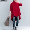 Dimanaf jesień zima pulower kobiety odzież ciepłe bluzy bluzy luźne bawełniane dzianiny zagęścić topy turtleneck czerwony czarny 210728