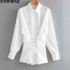women Fashion satin blouse Vintage Female Collared with long sleeves Adjustable waist bow Button-up front 210520