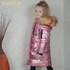 -30 Çocuk Kış Ceket Giysileri Kız Sıcak Su Geçirmez Ceket Kapşonlu Uzun Aşağı Pamuk Mont Çocuklar için Giyim Parka Giyim 211203
