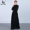 LD Linda Della Fashion Runway Maxi Dresses Women S Longleve Lace Patchwork Furfles Vintage Black Dress Elegant Party Dress210322