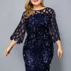 Feestjurken Sequin Plus Size Damesjurk 2021 Mesh See Through Long Mouw Bodycon Jurk Bruiloft Avond Party Club Jurk Y1006