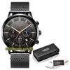 Lige evighet LG9877 Sport Mens Klockor Datum Silvery Pointer Blacks Ring Japan VK Quartz Chronograph Movement Män Klockor Svart Stål Väska Rostfritt Armband