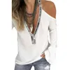 Hot T-shirts Kläder Sexiga Sequins V Neck Cold Shoulder Långärmad T-shirt Kvinnor Solid Färg Top X0527