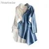 Vestidos casuais 2021 Primavera Moda Feminina Irregular Denim Patchwork Camisa Manga Longa Vestido Branco E Azul Temperamento