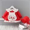 Spring Baby Girls Dress Cotton Red Embroidery Long Sleeve Lolita Princess Childrens Wear+Hat E9136 210610