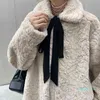 Kobiet bawełna Vintage Faux Rabbit Fur Coats Lace-Up Teddy Zagęścić Ciepłe Luźne Kurtki Futrzany Elegancki Słodki Koreański Odzież wierzchnia Y1217