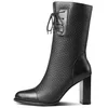 Meotina Vinter Mid Calf Stövlar Kvinnor Naturliga Äkta Läder Chunky Heels Stövlar Zipper Extreme High Heel Shoes Ladies Fall 34-39 210520