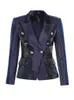 HARLEYFASHION brillant soie luxe Design bleu femmes tempérament à manches longues Double boutonnage texturé automne Blazer manteau X0721