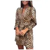 Kadınlar Uzun Kollu Elbise Vintage Leopar Baskılı Elbiseler Rahat Gevşek V Boyun Robe Bohemian Vestidos Femme