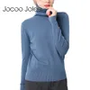 Jocoo jolee kvinnor faller avslappnad platt stickad tröja solid bomull mjuk botten pullover långärmad elegant turtleneck pullover 210619