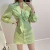 Różowy Green Plaid Cut Out Mini Sukienka Kobiety Lato Elegancki Wakacyjny Styl Slim Woman Długi Rękaw Front Knot Vestidos 210430