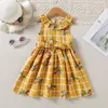 Lace Plaid Printed Baby Girl Ärmlös Klänning Round Collar Girls Princess Blommor Sommar Kjolar Med Bälte Barn Casual Clothing