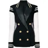 HIGH STREET Fashion Stylish Blazer Varsity Jacket Women's Leather Sleeve Patchwork Lion Buttons Blazer 211104