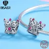 Bisaer 925 Charmes Sterling Princesse Queen Crown Crown Pink CZ Perles Fit pour Bracelet Argent 925 Bijoux