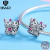 Bisaer 925 Charms sterling Princess Queen Crown Pink CZ Perline adatto per Braccialetto Argento 925 Gioielli