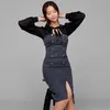 Office Chiffon Stitching Bow Dress Korea Dames Lange Mouwen Crew Neck Formele Party Jurken voor Dameskleding 210602