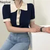 Neploe Fashion Tシャツの女性の縞模様半袖コントラストカラーティーダウンカラーニット気質韓国の女性トップ210623