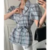 Korejpaa Women Jackets Summer Korean Elegant Temperament Lapel Single-Breasted Lace-Up Waist Puff Sleeve Plaid Short Coats 210526