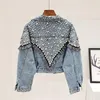 Women's Jackets Autumn Fashion Heavy Work Beading Wash Denim Jacket Women Loose Short Coats Studded Black Blue Jeans Streetwear