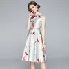 Mulheres de verão mulheres vintage O-pescoço sem mangas joelho-comprimento Jacquard Imprimir elegante vestido casual vestidos 210531