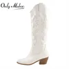 Onlymaker Women White Knee High Boots Western Cowboy Boots Wide Calf Embroidered Pointed Toe Block Heel Pull-On Cowgirl Booties H1009