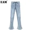 [EAM] Hohe Taille Hellblau Taschen Vintage Flare Jeans Voller Länge Frauen Hosen Mode Frühling Herbst 1DD6951 21512