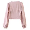 Autumn Retro Pearl Button Square Collar Puff Long Sleeve Shirt Women Pink Ruched Slim Back Short Blouse French Tops 210429