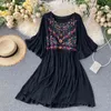 Summer Arrival Ladies Floral Flare Sleeve Chiffon Loose Garment Women Retro Indie Folk Embroidery Vacation Dress 210430