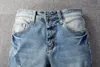 Designer de moda azul dos homens magro jeans magro casual fluff dobras buracos calças da motocicleta rasgado denim script romano letter248g