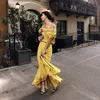 Z-zoxu kvinnor klänning slash neck av axel plus storlek sexig vintage gul lång sommar es kläder 210524
