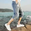 Cropped jeans men's summer thin straight Korean ripped hole teenagers casual men's 3/4 shorts X0621