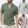 T-shirt da uomo in lino e lino T-shirt casual con scollo a V abbottonata Top basic in cotone a maniche corte slim fit 210706