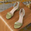 SOPHITINA Women Sandals Concise Pearl Zipper Premium Leather Sandals Cover Heel Open Toe Elegant Green Summer Lady Shoes AO898 210513