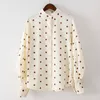 PERHAPS U Women Polka Dot Mandarin Collar Beige Puff Sleeve Full Sleeve Shirt Long Sleeve Korean Top Fall Autumn B0169 210529