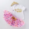 3pc Tutu Robe Costume Bébé Anniversaire Lettre Belle Kaki Dot Princesse Jupe Barboteuse Couronne Chapeaux Bébé Vêtements 31fk K2