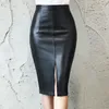 Women PU Leather Skirts Plus Size 5XL Office Lady Knee-length Pencil Skirt Female Package Hip Front or Back Slit Skirt 210518