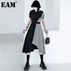 [EAM] Женщины, черные сращенные рюкширования нерегулярное платье круглые шеи короткие слойные рукава свободная подходящая мода весна лето 1dd7553 21512