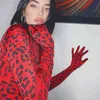 Vintage Kırmızı Leopar Baskı Beltizli Uzun Kollu Sıska Bodysuit, Glovers ile Sonbahar Seksi Parti Küpe Kıyafet Bodycon Vücut Top 210728