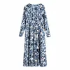 Vintage Woman V Neck Soft Printed Long Dress Spring Autumn Casual Ladies Wave point es Female High Waist 210515