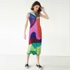 VKBN夏のドレス女性のノースリーブタンクOネックプリーツ布幾何学的なパターン印刷ドレス210507