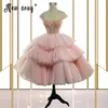 Party Dresses Blush Pink One Shoulder Short Princess Evening Dress Luxury Sparkly Beading Tulle Formell Prom Ball Gown för Kvinnor Tutu