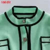 Tangada Kvinnor Elegant Pocket Crop Cardigan Vintage Jumper Lady Fashion Stickad Cardigan Coat 6H60 210609