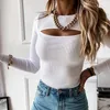 Rippe gestrickte Top Frauen Aushöhlen Freizeit Langarm Dünne Jumper Frau Herbst Spring Slim Pullover Dame Kleidung 210521