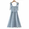 Women Sumemr Vintage Print Dress Sleeveless Bow Tie Elastic bust Spaghetti Strap Female Chiffon A-Line Dresses Vestidos 210513