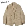 Yitimuceng Houndstooth Blazer Women Winter Clothes Jackets Fall Office Lady Coats Sashes Single Breasted Notched Khaki 210601