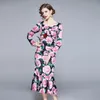 Runway Party Women Slim Square Collar Long Sleeve Stretch Sheath Summer Floral Print Ruched Draped Bodycon Mermaid Dresses 210514