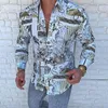 メンズカジュアルシャツ男性スリムフィット長袖フラワーパーティーシャツトップス 2021 パンクスタイルシルクサテン黒白ストライプ印刷